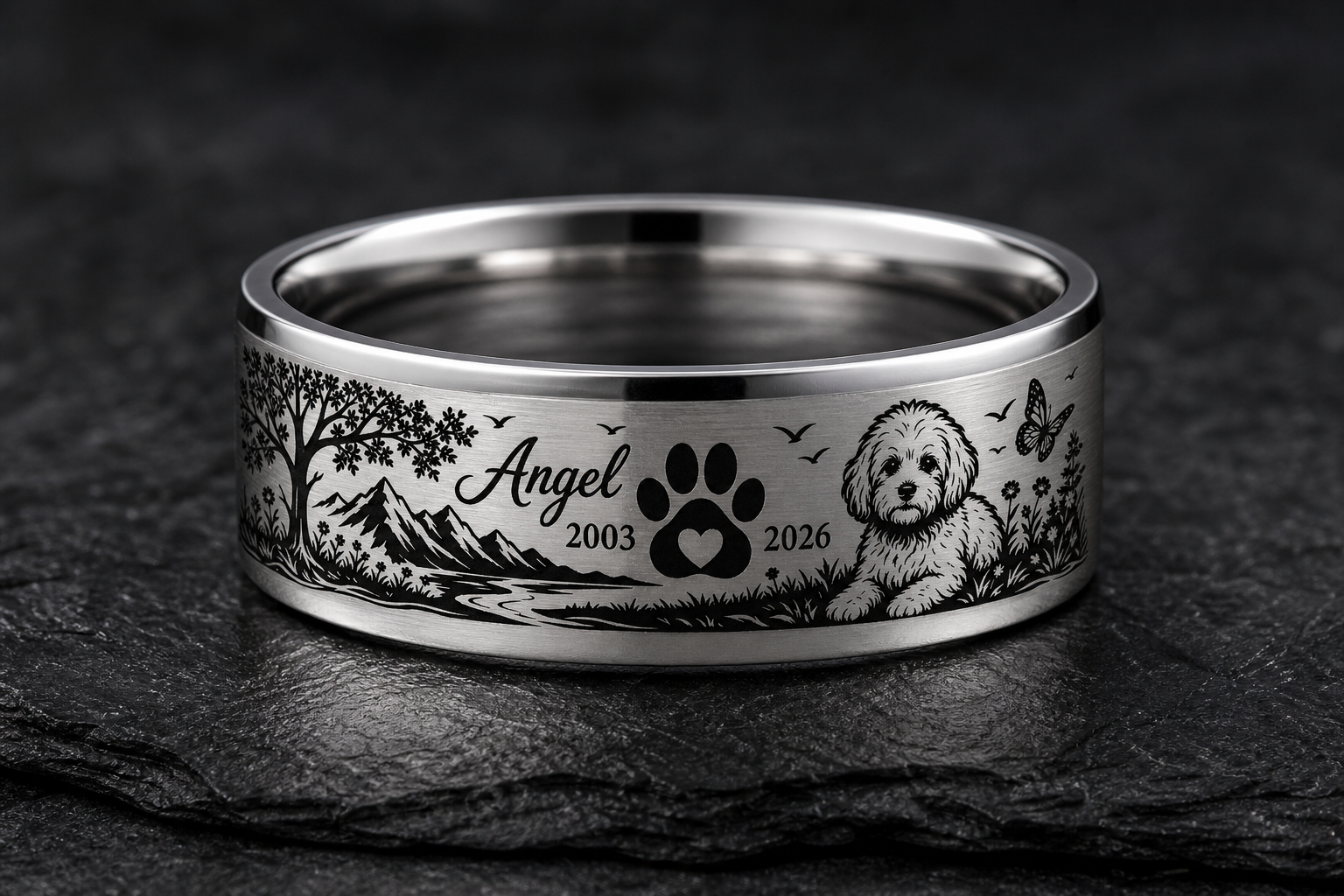 Silver pet memorial ring mockup beside a soft dog portrait and paw-print keepsake