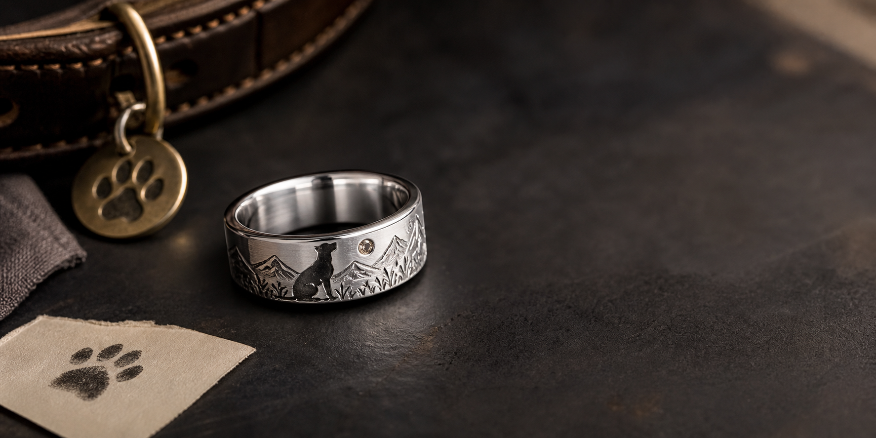 Silver pet memorial ring beside a paw print card and quiet keepsake objects