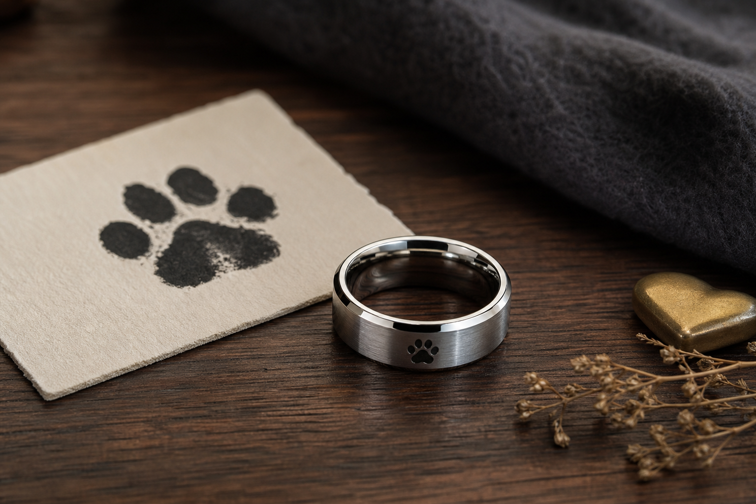 Close view of a paw print card beside a silver pet memorial ring
